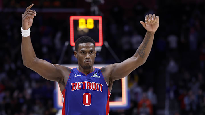Mar 28, 2025; Detroit, Michigan, USA;  Detroit Pistons center Jalen Duren (0) celebrates after the game against the Cleveland Cavaliers at Little Caesars Arena. Mandatory Credit: Rick Osentoski-Imagn Images
