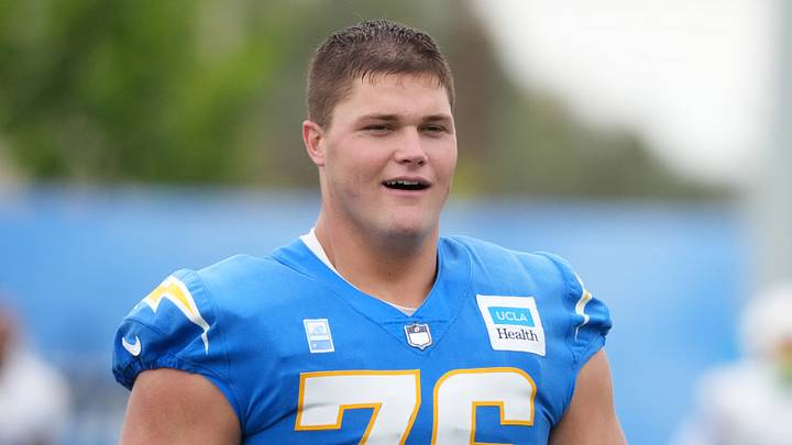 Jul 21, 2025; El Segundo, CA, USA; Los Angeles Chargers tackle Joe Alt (76) at training camp at The Bolt. Mandatory Credit: Kirby Lee-Imagn Images Jul 21, 2025; El Segundo, CA, USA; Los Angeles Chargers tackle Joe Alt (76) at training camp at The Bolt. Mandatory Credit: Kirby Lee-Imagn Images