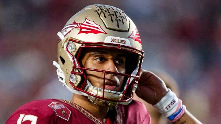 Nov 18, 2023; Tallahassee, Florida, USA; Florida State Seminoles quarterback Jordan Travis (13) during the warm ups before the game against the North Alabama Lions at Doak S. Campbell Stadium. Mandatory Credit: Morgan Tencza-USA TODAY Sports