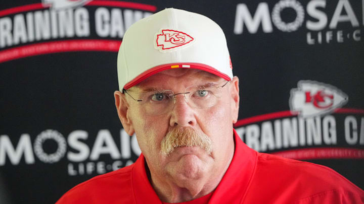 Jul 22, 2025; St. Joseph, MO, USA; Kansas City Chiefs head coach Andy Reid speaks to media after training camp at Missouri Western State University. Mandatory Credit: Denny Medley-Imagn Images Jul 22, 2025; St. Joseph, MO, USA; Kansas City Chiefs head coach Andy Reid speaks to media after training camp at Missouri Western State University. Mandatory Credit: Denny Medley-Imagn Images