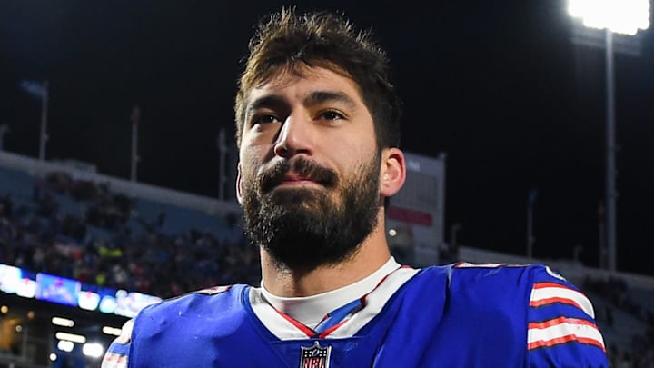 Jan 9, 2022; Orchard Park, New York, USA; Buffalo Bills defensive end A.J. Epenesa (57) following the game against the New York Jets at Highmark Stadium. Mandatory Credit: Rich Barnes-Imagn Images