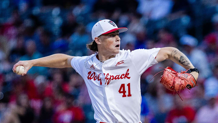 May 23, 2024; Charlotte, NC, USA; NC State Wolfpack pitcher Jacob Dudan (41) throws in the fifth inning against the Duke Blue Devils during the ACC Baseball Tournament at Truist Field. Mandatory Credit: Scott Kinser-Imagn Images