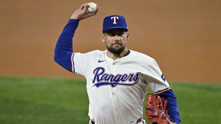 Sep 17, 2024; Arlington, Texas, USA; Texas Rangers starting pitcher Nathan Eovaldi (17) pitches against the Toronto Blue Jays during the first inning at Globe Life Field Sep 17, 2024; Arlington, Texas, USA; Texas Rangers starting pitcher Nathan Eovaldi (17) pitches against the Toronto Blue Jays during the first inning at Globe Life Field
