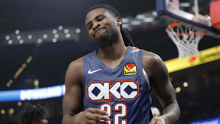 Jan 23, 2026; Oklahoma City, Oklahoma, USA; Oklahoma City Thunder guard Cason Wallace (22) reacts after a play against the Indiana Pacers during the second quarter at Paycom Center. Mandatory Credit: Alonzo Adams-Imagn Images Jan 23, 2026; Oklahoma City, Oklahoma, USA; Oklahoma City Thunder guard Cason Wallace (22) reacts after a play against the Indiana Pacers during the second quarter at Paycom Center. Mandatory Credit: Alonzo Adams-Imagn Images
