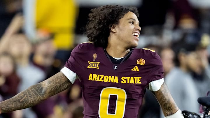 Nov 28, 2025; Tempe, Arizona, USA; Arizona State Sun Devils wide receiver Jordyn Tyson (0) against the Arizona Wildcats during the 99th Territorial Cup at Mountain America Stadium. Mandatory Credit: Mark J. Rebilas-Imagn Images