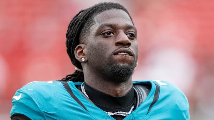 September 28, 2025; Santa Clara, California, USA; Jacksonville Jaguars wide receiver Brian Thomas Jr. (7) after the game against the San Francisco 49ers at Levi's Stadium. Mandatory Credit: Kyle Terada-Imagn Images