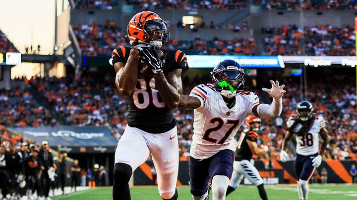 Aug 22, 2026; Cincinnati, Ohio, USA; Cincinnati Bengals wide receiver Colbie Young (86) catches a pass for a touchdown against Chicago Bears cornerback Dontae Manning (27) in the first half at Paycor Stadium. Mandatory Credit: Katie Stratman-Imagn Images Aug 22, 2026; Cincinnati, Ohio, USA; Cincinnati Bengals wide receiver Colbie Young (86) catches a pass for a touchdown against Chicago Bears cornerback Dontae Manning (27) in the first half at Paycor Stadium. Mandatory Credit: Katie Stratman-Imagn Images
