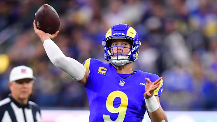 Jan 4, 2026; Inglewood, California, USA;  Los Angeles Rams quarterback Matthew Stafford (9) throws downfield against the Arizona Cardinals during the second half at SoFi Stadium. Mandatory Credit: Gary A. Vasquez-Imagn Images