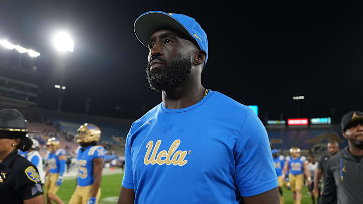 Sep 14, 2024; Pasadena, California, USA; UCLA Bruins head coach DeShaun Foster reacts after the game against the Indiana Hoosiers at Rose Bowl. Mandatory Credit: Kirby Lee-Imagn Images