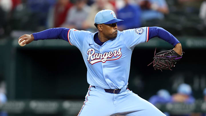 Apr 6, 2025; Arlington, Texas, USA; Texas Rangers pitcher Kumar Rocker (80) throws a pitch during the first inning against the Tampa Bay Rays at Globe Life Field. 
