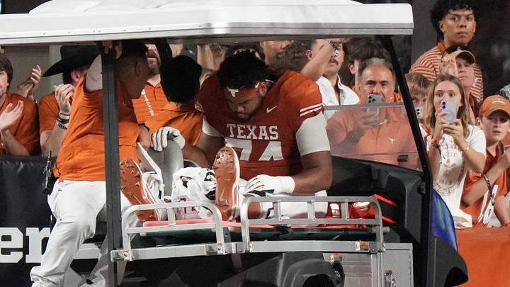 Texas Longhorns offensive line Trevor Goosby (74) is carted off the field after an injury during the first half against the Mississippi Rebels at Darrell K Royal-Texas Memorial Stadium. Texas Longhorns offensive line Trevor Goosby (74) is carted off the field after an injury during the first half against the Mississippi Rebels at Darrell K Royal-Texas Memorial Stadium.