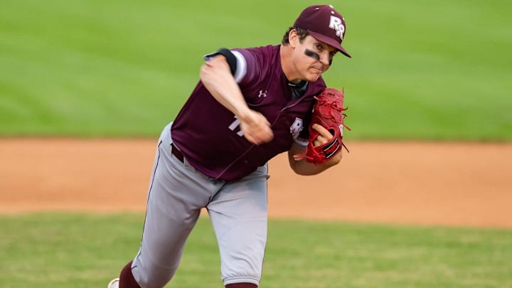 Travis Sykora on the mound for Round Rock. Round Rock won a district baseball game 2-0 over Westwood at home on Senior Night on March 14, 2023