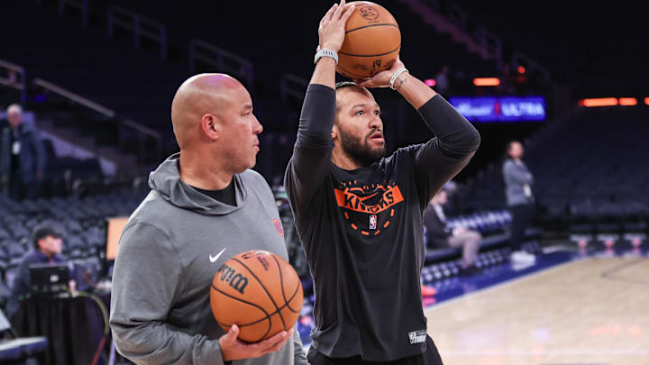 Dec 5, 2025; New York, New York, USA; New York Knicks Assistant Coach Rick Brunson and guard Jalen Brunson (11) take pre-game warmups prior to the game against the Utah Jazz at Madison Square Garden. Mandatory Credit: Wendell Cruz-Imagn Images