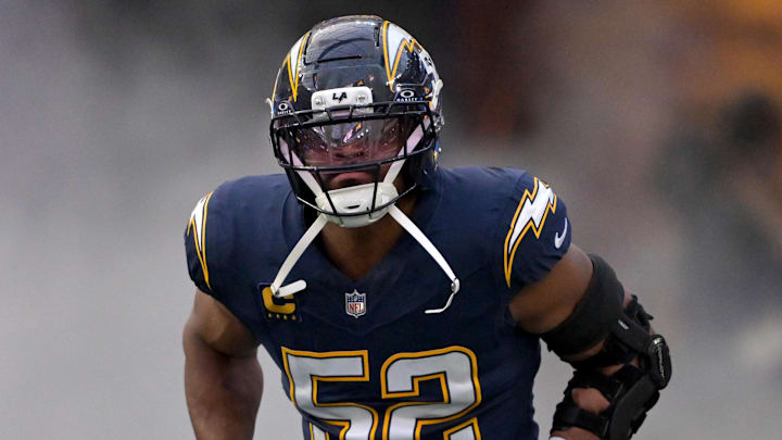 Oct 23, 2025; Inglewood, California, USA;  Los Angeles Chargers outside linebacker Khalil MacK (52) is introduced for the game against the Minnesota Vikings at SoFi Stadium. Mandatory Credit: Jayne Kamin-Oncea-Imagn Images