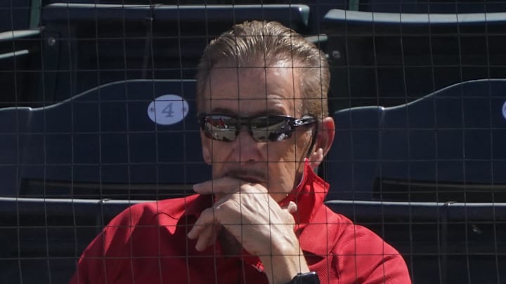 Mar 11, 2021; Tempe, Arizona, USA; Los Angeles Angels owner Arte Moreno watches game action during a spring training game against the San Francisco Giants at Tempe Diablo Stadium. Mandatory Credit: Rick Scuteri-Imagn Images
