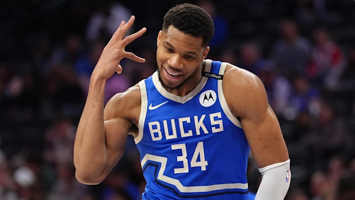 Milwaukee Bucks forward Giannis Antetokounmpo (34) reacts  (Mandatory Credit: Kyle Ross-Imagn Images)