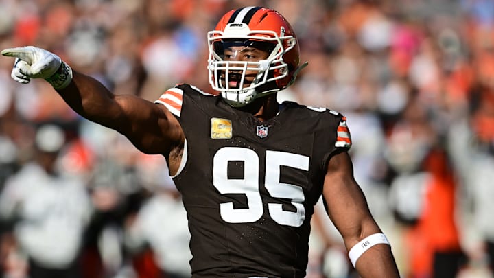 Nov 3, 2024; Cleveland, Ohio, USA; Cleveland Browns defensive end Myles Garrett (95) celebrates after a play during the first quarter against the Los Angeles Chargers at Huntington Bank Field. Mandatory Credit: Ken Blaze-Imagn Images