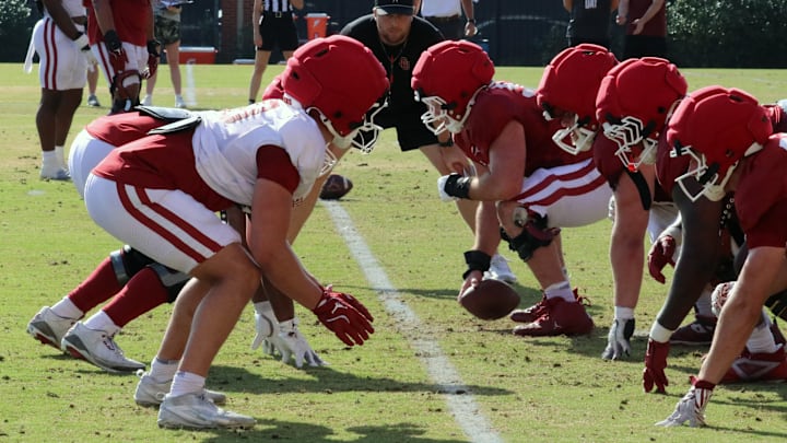 Oklahoma defensive end Jake Kreul lines up before a snap during spring practice.