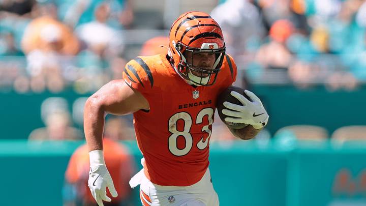 Oct 11, 2026; Miami Gardens, Florida, USA; Cincinnati Bengals tight end Erick All Jr. (83) runs with the ball against the Cincinnati BengalsM\ during the second quarter at Hard Rock Stadium. Mandatory Credit: Sam Navarro-Imagn Images Oct 11, 2026; Miami Gardens, Florida, USA; Cincinnati Bengals tight end Erick All Jr. (83) runs with the ball against the Cincinnati BengalsM\ during the second quarter at Hard Rock Stadium. Mandatory Credit: Sam Navarro-Imagn Images