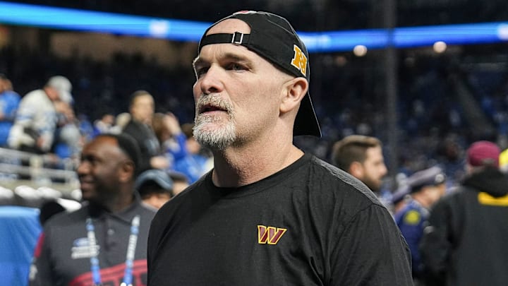 Washington Commanders head coach Dan Quinn walks up the tunnel during warm up before the NFC divisional round between Detroit Lions and Washington Commanders at Ford Field in Detroit on Saturday, Jan. 18, 2025.
