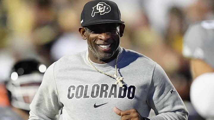 Sep 27, 2025; Boulder, Colorado, USA; Colorado Buffaloes head coach Deion Sanders reacts before the game against the Brigham Young Cougars at Folsom Field. Mandatory Credit: Ron Chenoy-Imagn Images