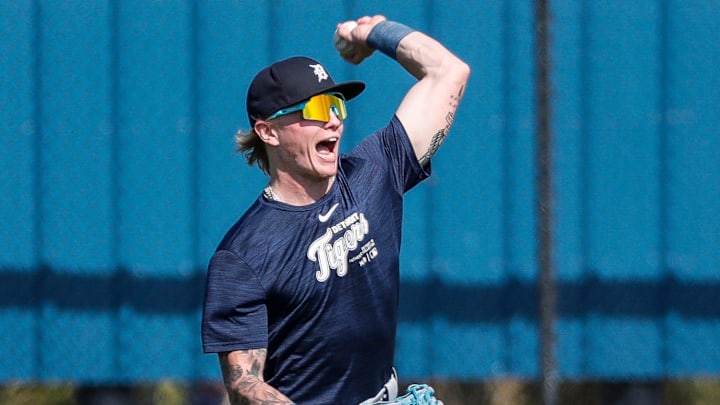 Detroit Tigers outfielder prospect Max Clark works out during spring training at TigerTown in Lakeland, Fla. on Thursday, Feb. 22, 2024. Detroit Tigers outfielder prospect Max Clark works out during spring training at TigerTown in Lakeland, Fla. on Thursday, Feb. 22, 2024.