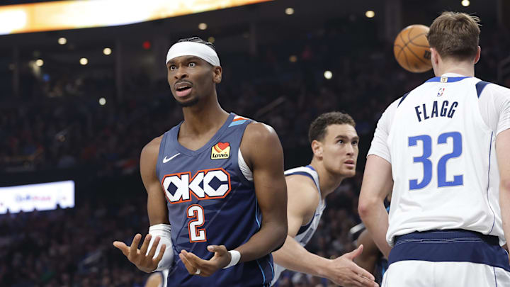 Dec 5, 2025; Oklahoma City, Oklahoma, USA; Oklahoma City Thunder guard Shai Gilgeous-Alexander (2) reacts after a call against him following a defensive play against the Dallas Mavericks during the second quarter at Paycom Center. Mandatory Credit: Alonzo Adams-Imagn Images