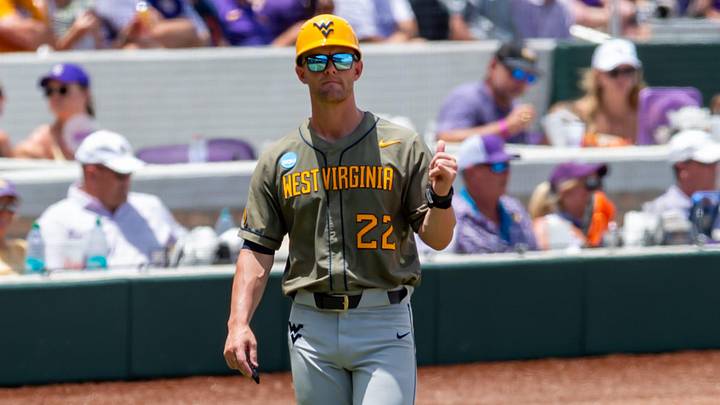West Virginia Head Coach Steve Sabins as The LSU Tigers take on the West Virginia Mountaineers in game 1 of the 2025 NCAA Div 1 Super Regional Baseball Championship at Alex Box Stadium in Baton Rouge, LA. Saturday, June 7, 2025. West Virginia Head Coach Steve Sabins as The LSU Tigers take on the West Virginia Mountaineers in game 1 of the 2025 NCAA Div 1 Super Regional Baseball Championship at Alex Box Stadium in Baton Rouge, LA. Saturday, June 7, 2025.