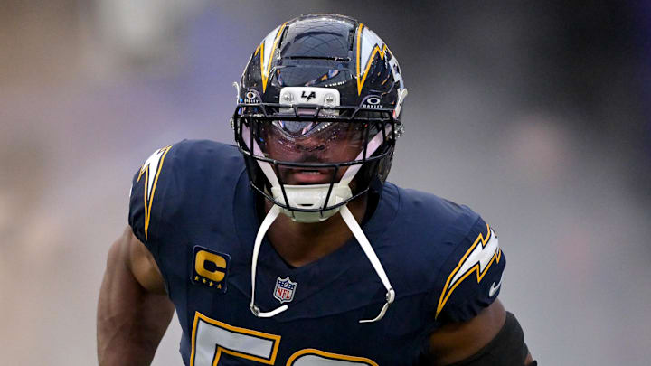 Oct 23, 2025; Inglewood, California, USA;  Los Angeles Chargers outside linebacker Khalil MacK (52) is introduced for the game against the Minnesota Vikings at SoFi Stadium. Mandatory Credit: Jayne Kamin-Oncea-Imagn Images