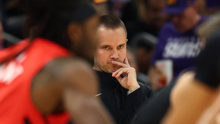 Apr 14, 2026; Phoenix, Arizona, USA; Phoenix Suns head coach Jordan Ott against the Portland Trail Blazers in the first half during the play-in rounds of the 2026 NBA Playoffs at Mortgage Matchup Center. Mandatory Credit: Mark J. Rebilas-Imagn Images
Apr 14, 2026; Phoenix, Arizona, USA; Phoenix Suns head coach Jordan Ott against the Portland Trail Blazers in the first half during the play-in rounds of the 2026 NBA Playoffs at Mortgage Matchup Center. Mandatory Credit: Mark J. Rebilas-Imagn Images
