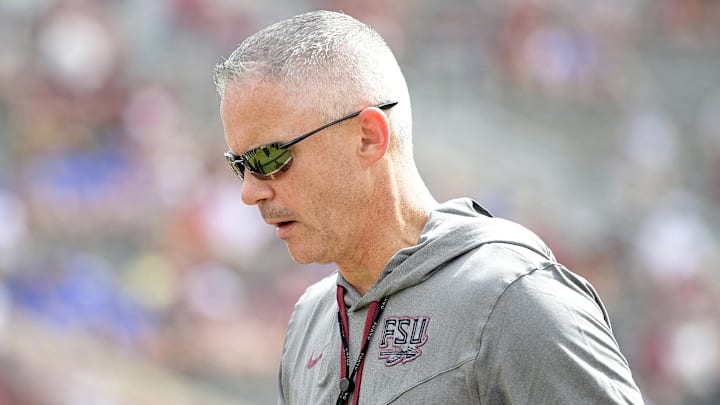 Sep 14, 2024; Tallahassee, Florida, USA; Florida State Seminoles head coach Mike Norvell before a game against the Memphis Tigers at Doak S. Campbell Stadium. Mandatory Credit: Melina Myers-Imagn Images