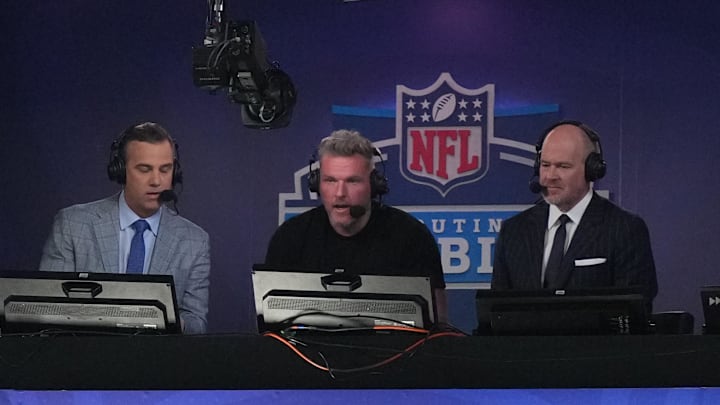 Mar 2, 2024; Indianapolis, IN, USA; NFL Network hosts Daniel Jeremiah (left), Pat McAfee (center) and Rich Eisen during the 2024 NFL Combine at Lucas Oil Stadium. Mandatory Credit: Kirby Lee-Imagn Images