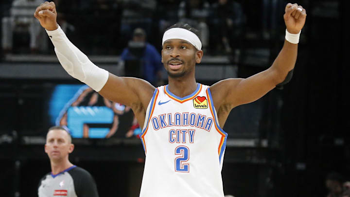 Nov 9, 2025; Memphis, Tennessee, USA; Oklahoma City Thunder guard Shai Gilgeous-Alexander (2) reacts during the third quarter against the Memphis Grizzlies at FedExForum. Mandatory Credit: Petre Thomas-Imagn Images