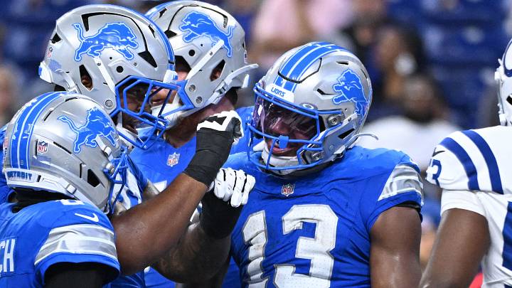 Detroit Lions tight end Jackson Meeks (13) celebrates with teammates after a play against the Indianapolis Colts Detroit Lions tight end Jackson Meeks (13) celebrates with teammates after a play against the Indianapolis Colts