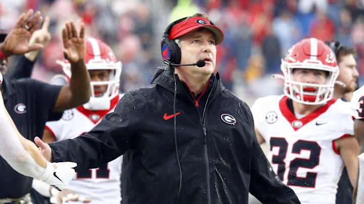 Nov 9, 2024; Oxford, Mississippi, USA; Georgia Bulldogs head coach Kirby Smart reacts after a touchdown during the first half against the Mississippi Rebels at Vaught-Hemingway Stadium. Mandatory Credit: Petre Thomas-Imagn Images