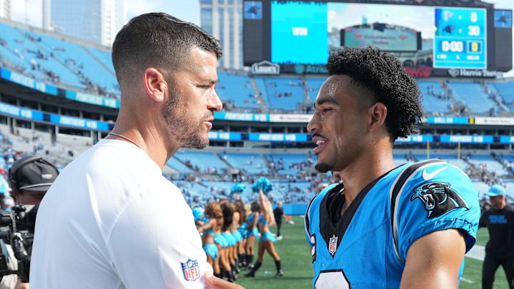 Carolina Panthers head coach Dave Canales and quarterback Bryce Young