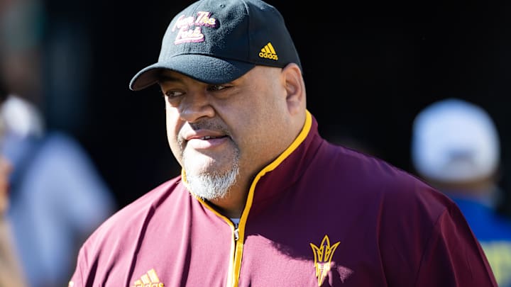 Nov 30, 2024; Tucson, Arizona, USA; Arizona State Sun Devils offensive line coach Saga Tuitele against the Arizona Wildcats during the Territorial Cup at Arizona Stadium. Mandatory Credit: Mark J. Rebilas-Imagn Images Nov 30, 2024; Tucson, Arizona, USA; Arizona State Sun Devils offensive line coach Saga Tuitele against the Arizona Wildcats during the Territorial Cup at Arizona Stadium. Mandatory Credit: Mark J. Rebilas-Imagn Images
