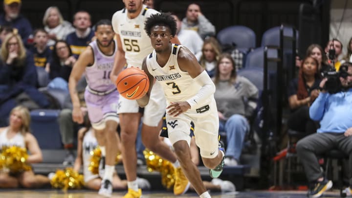 Jan 27, 2026; Morgantown, West Virginia, USA; West Virginia Mountaineers guard Honor Huff (3) dribbles up the floor during the second half against the Kansas State Wildcats at Hope Coliseum. Mandatory Credit: Ben Queen-Imagn Imagesa
