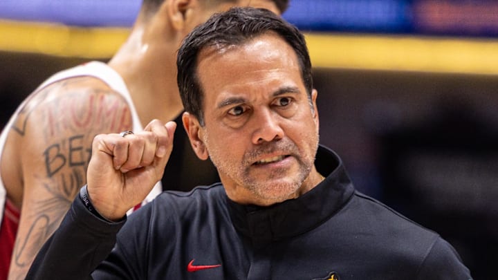 Miami Heat Head Coach Erik Spoelstra reacts (Mandatory Credit: Stephen Lew-Imagn Images)