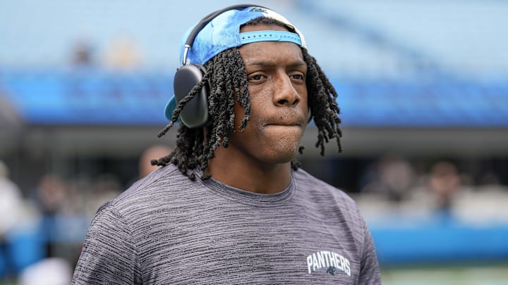 Oct 2, 2022; Charlotte, North Carolina, USA; Carolina Panthers cornerback Jaycee Horn (8) during pregame activity against the Arizona Cardinals at Bank of America Stadium. Mandatory Credit: Jim Dedmon-Imagn Images