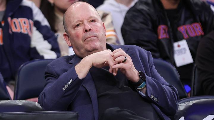 Nov 9, 2025; New York, New York, USA;  New York Knicks President Leon Rose sits courtside during pregame warmups prior to the game against the Brooklyn Nets at Madison Square Garden. Mandatory Credit: Wendell Cruz-Imagn Images