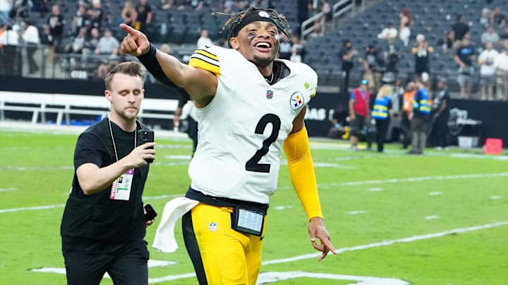 Oct 13, 2024; Paradise, Nevada, USA; Pittsburgh Steelers quarterback Justin Fields (2) runs off the field after the Steelers defeated the Las Vegas Raiders 32-13 at Allegiant Stadium. Mandatory Credit: Stephen R. Sylvanie-Imagn Images Oct 13, 2024; Paradise, Nevada, USA; Pittsburgh Steelers quarterback Justin Fields (2) runs off the field after the Steelers defeated the Las Vegas Raiders 32-13 at Allegiant Stadium. Mandatory Credit: Stephen R. Sylvanie-Imagn Images