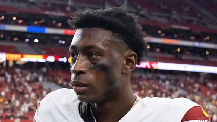 Sep 29, 2024; Glendale, Arizona, USA; Washington Commanders cornerback Emmanuel Forbes Jr. (13) against the Arizona Cardinals at State Farm Stadium. Mandatory Credit: Mark J. Rebilas-Imagn Images