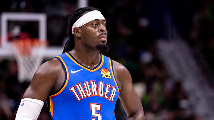 Apr 29, 2024; New Orleans, Louisiana, USA; Oklahoma City Thunder guard Luguentz Dort (5) looks on against the New Orleans Pelicans during the first half of game four of the first round for the 2024 NBA playoffs at Smoothie King Center. Mandatory Credit: Stephen Lew-Imagn Images