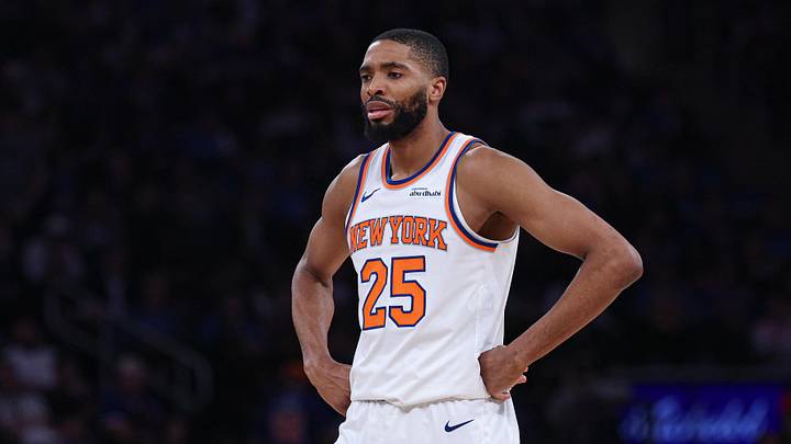 Apr 18, 2026; New York, New York, USA; New York Knicks guard Mikal Bridges (25) looks on during the first half of the 2026 NBA Playoffs against the Atlanta Hawks at Madison Square Garden. Mandatory Credit: Vincent Carchietta-Imagn Images