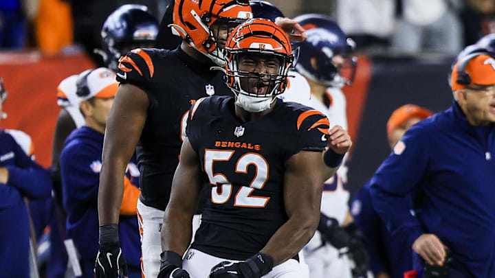 Dec 28, 2024; Cincinnati, Ohio, USA; Cincinnati Bengals defensive end Cedric Johnson (52) reacts after a play against the Denver Broncos in the first half at Paycor Stadium. Mandatory Credit: Katie Stratman-Imagn Images