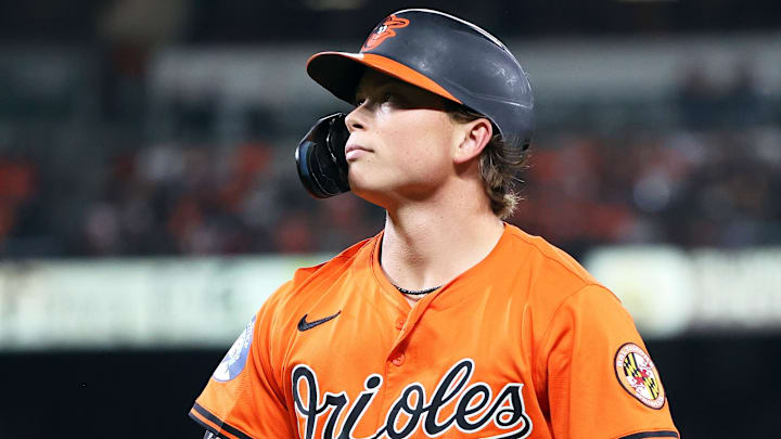 Sep 20, 2025; Baltimore, Maryland, USA; Baltimore Orioles second baseman Jackson Holliday (7) looks on during the first inning against the New York Yankees at Oriole Park at Camden Yards. Mandatory Credit: Daniel Kucin Jr.-Imagn Images
