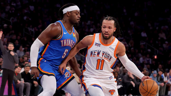 Jan 10, 2025; New York, New York, USA; New York Knicks guard Jalen Brunson (11) drives to the basket against Oklahoma City Thunder guard Luguentz Dort (5) during the third quarter at Madison Square Garden. Mandatory Credit: Brad Penner-Imagn Images Jan 10, 2025; New York, New York, USA; New York Knicks guard Jalen Brunson (11) drives to the basket against Oklahoma City Thunder guard Luguentz Dort (5) during the third quarter at Madison Square Garden. Mandatory Credit: Brad Penner-Imagn Images