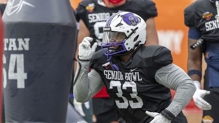 National team defensive lineman David Walker of Central Arkansas works through drills during Senior Bowl practice.