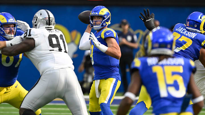 Oct 20, 2024; Inglewood, California, USA; Los Angeles Rams quarterback Matthew Stafford (9) throws a pass during the third quarter against the Los Angeles Rams at SoFi Stadium. Mandatory Credit: Robert Hanashiro-Imagn Images